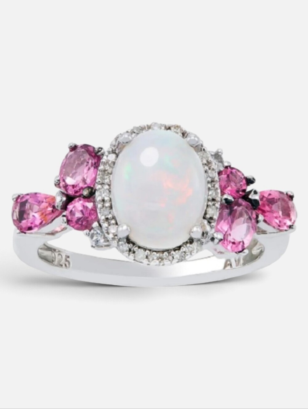 🆕 Opal and Pink Sapphire Halo Ring - Sterling Silver